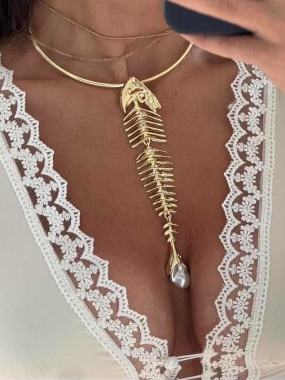 Anthropologie Gold Fishbone Pendant Necklace with Pearl Drop Accent